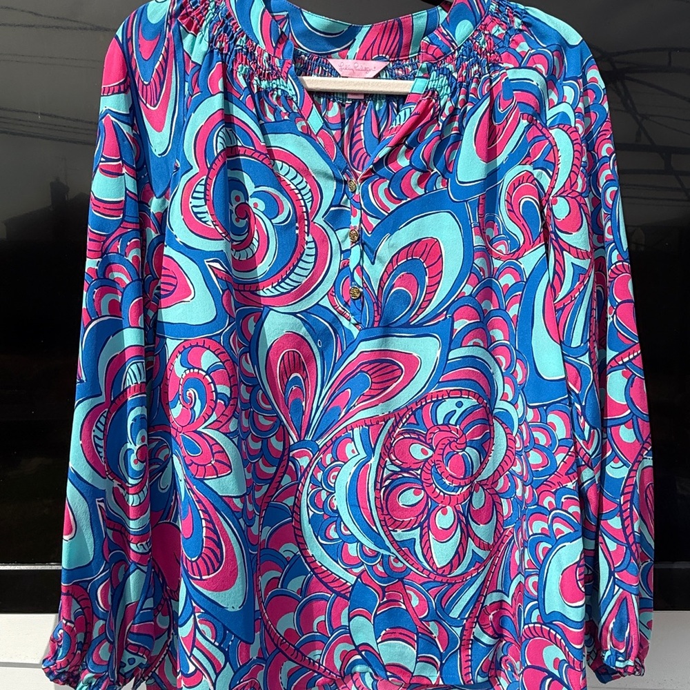 Lilly Pulitzer Blue & Pink Swirl-Print Long-Sleeve Elsa Blouse XS